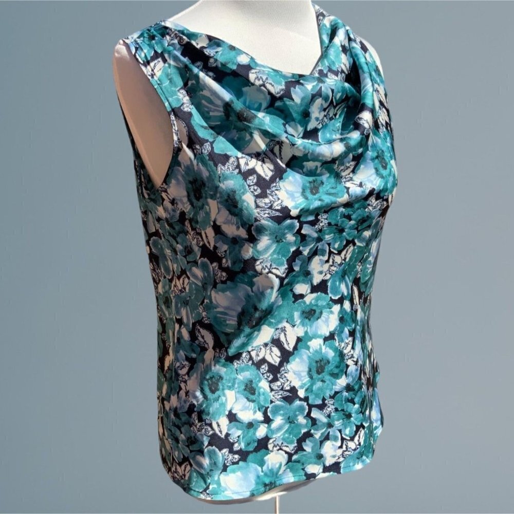 Ann Taylor Loft petite turquoise sleeveless cowl neck floral spandex blouse PS - Picture 10 of 10
